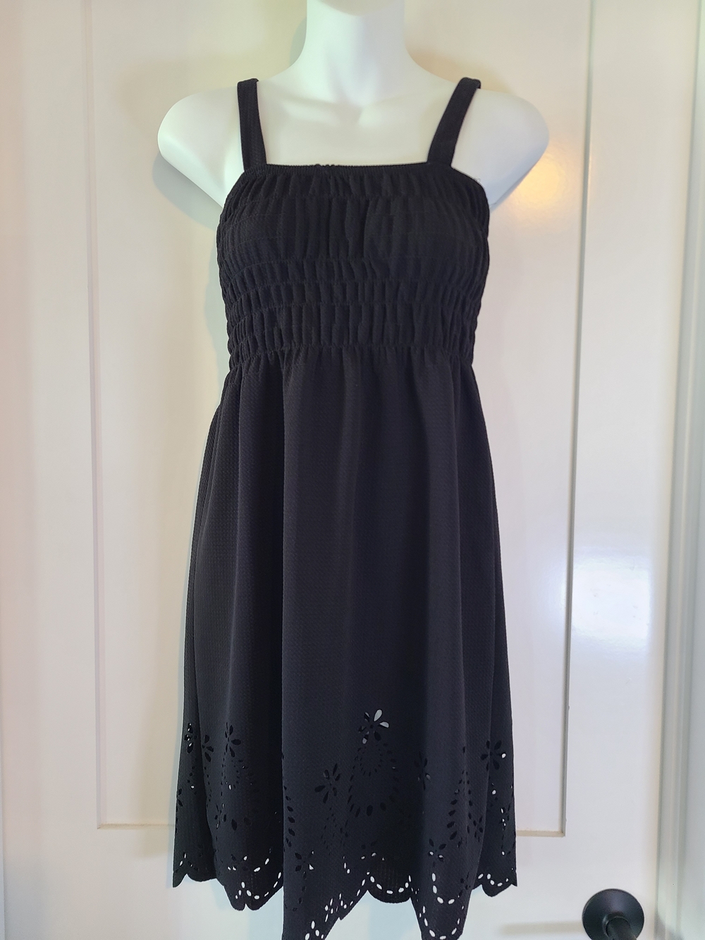 Women’s Black Smocked Midi Dress with Laser-Cut Hem